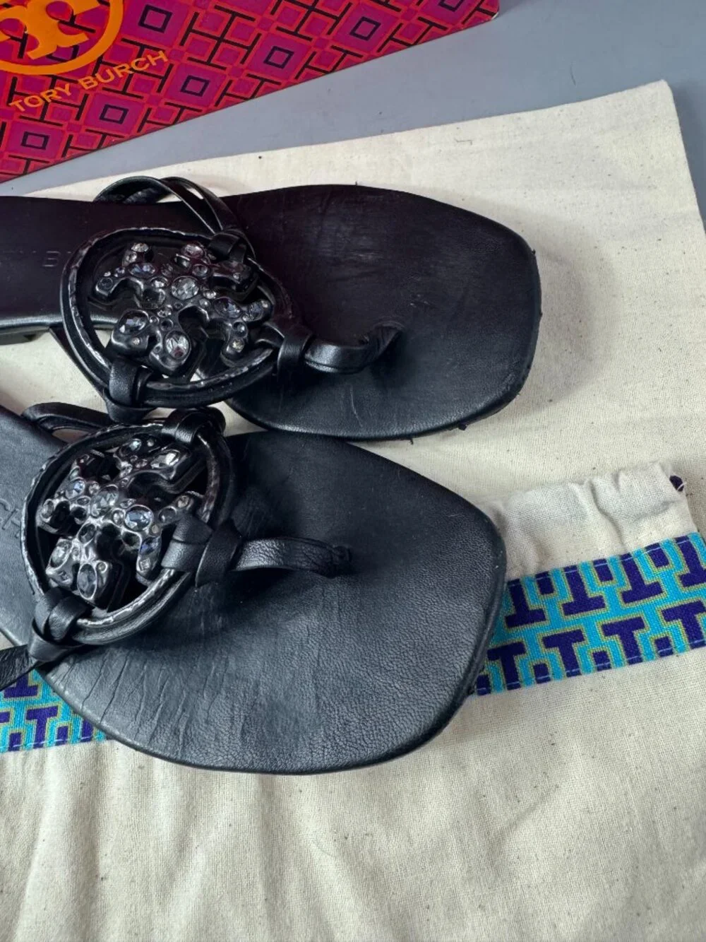 Tory Burch Embellished Crystal Miller Black Leather Sandal, Size 8